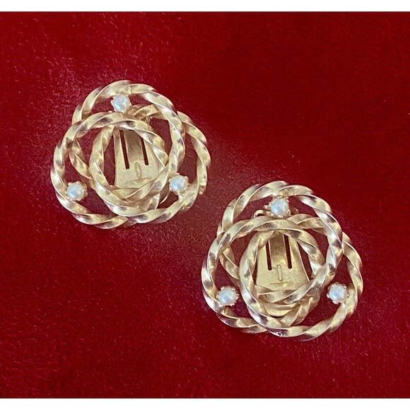 Vintage Gold-Plated Open Twist Lover's Knot Brooch and Earring Set Faux Pearl Ex - Picture 3 of 12
